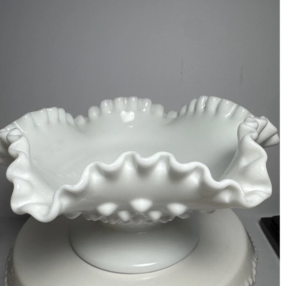 Vintage White Milk Glass Ruffled Pedestal Bowl / Compote – Hobnail Detail